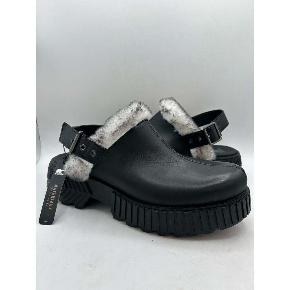 NEW Sorel Ona Ave mule clog black waterproof leather fur chunky platform SZ 10